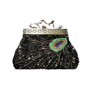 Bag Clutch Handbag Rare Retro Vintage Style Beaded Sequin Peacock Feather